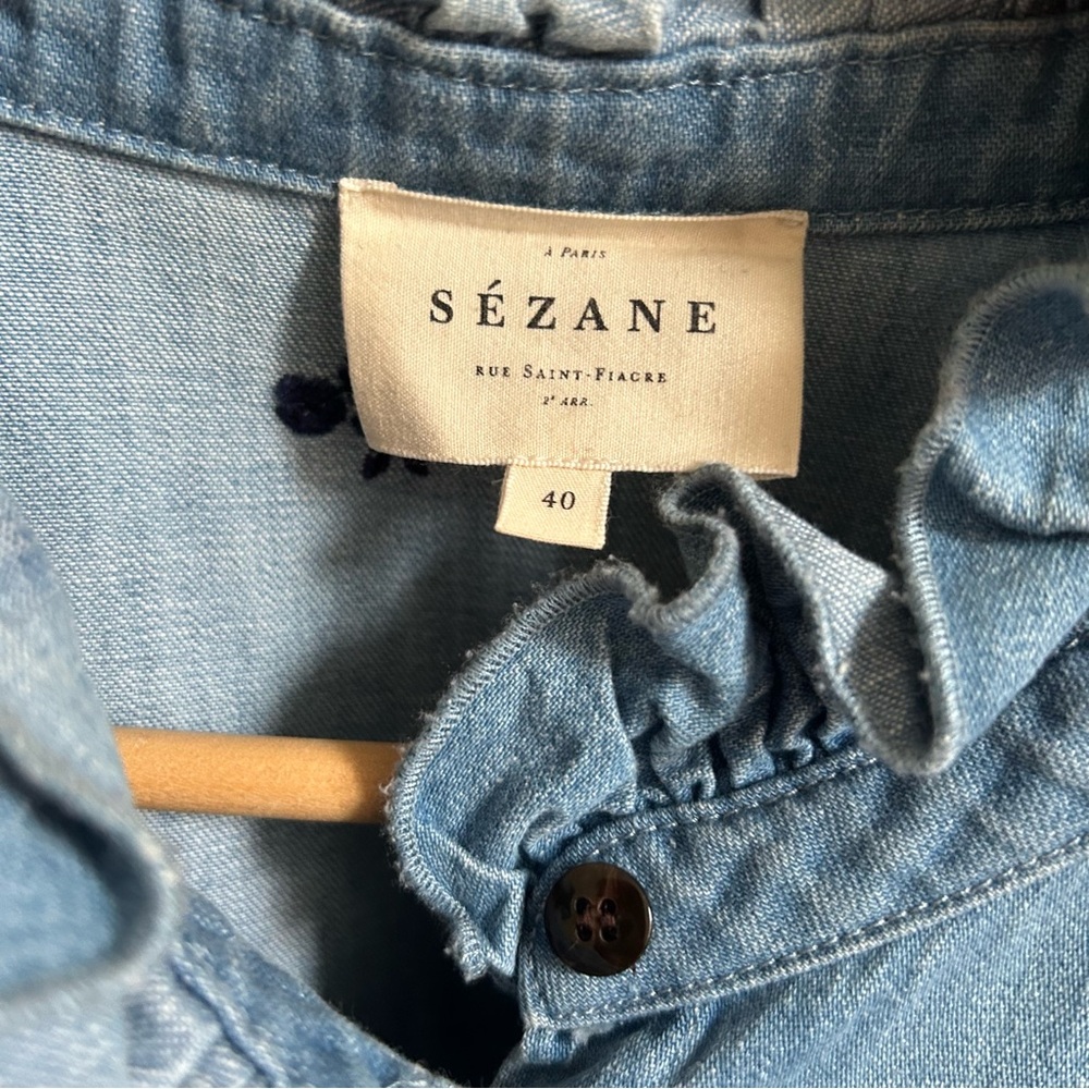 Sézane Chlo Blue Ruffle Denim Shirt Floral Embroidery - Picture 7 of 10